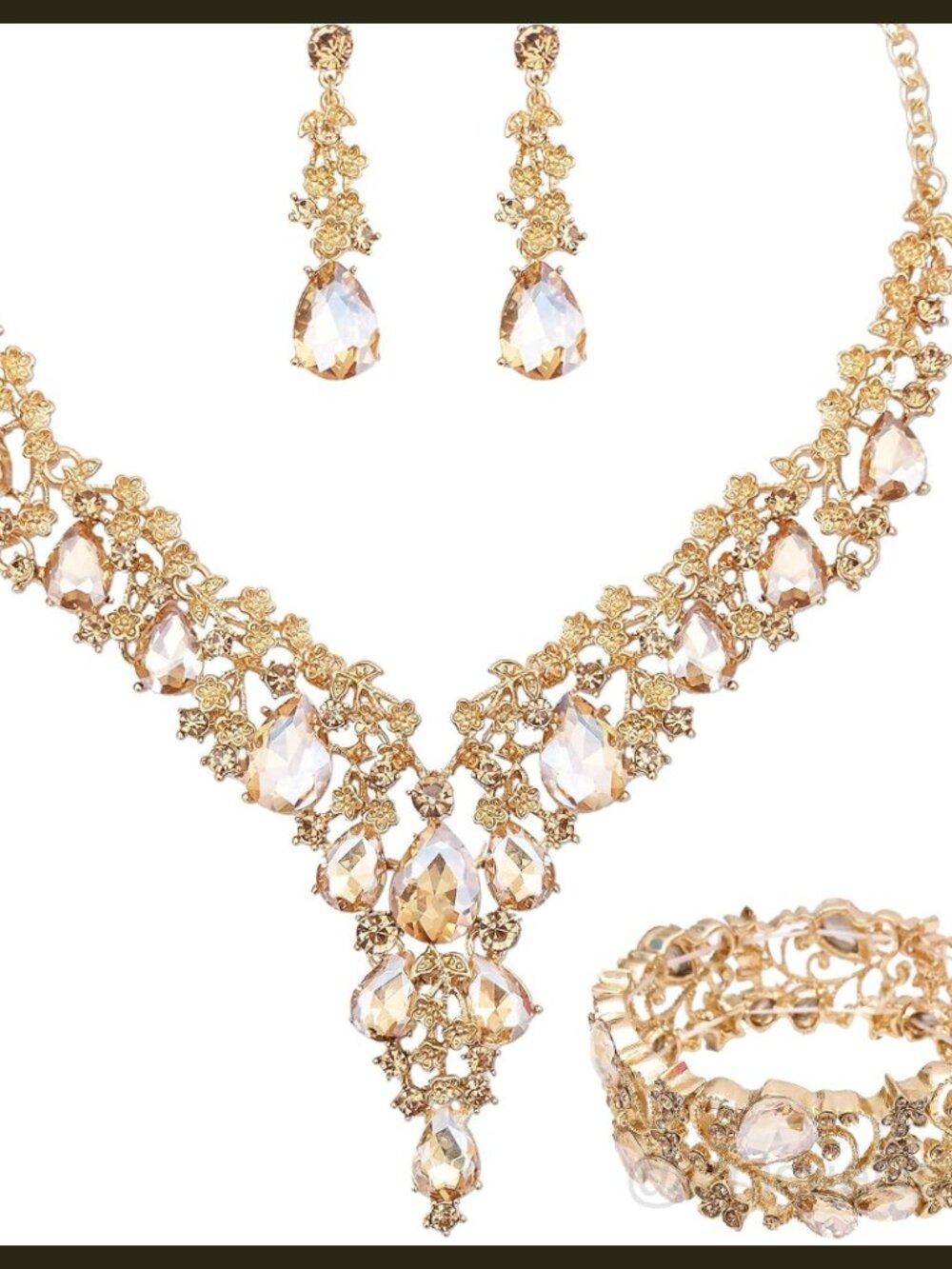 Crystal Rhinestone Bridal Jewelry Set Y Necklace Earrings Stretch Bangle